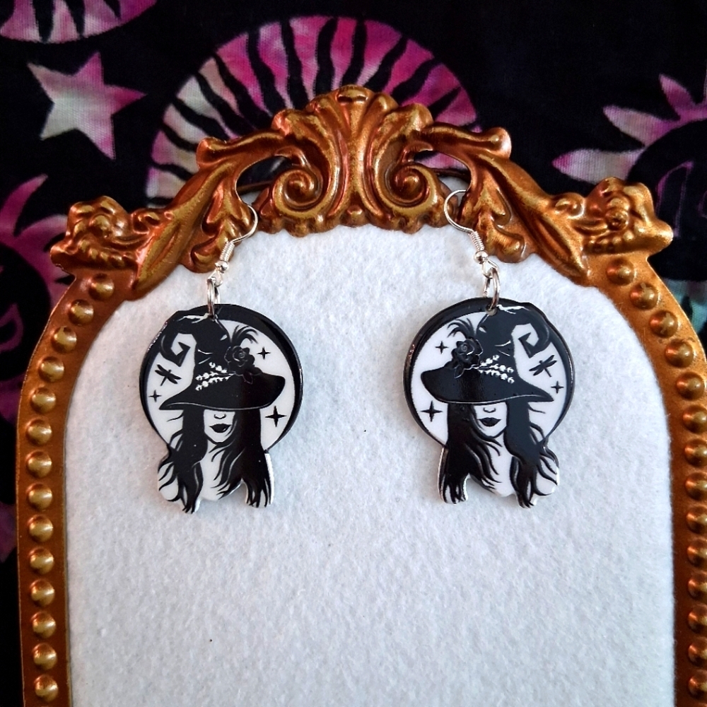 Witchy Woman Earrings Witch Hat Black & White French Hooks - Picture 3 of 11